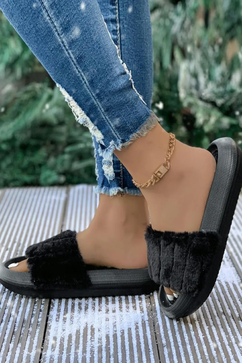 Sale Dear-Lover Plush Band Comfy Home Slippers Black