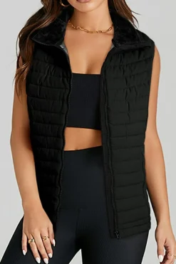Best Dear-Lover Plush Collared Quilted Zipped Puffer Vest Black