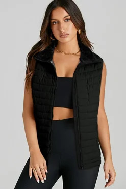 Best Dear-Lover Plush Collared Quilted Zipped Puffer Vest Black