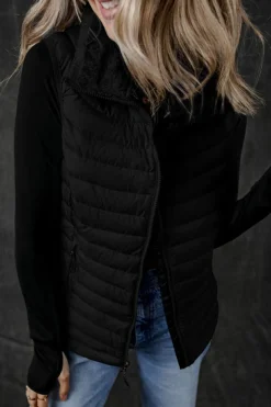 Best Dear-Lover Plush Collared Quilted Zipped Puffer Vest Black