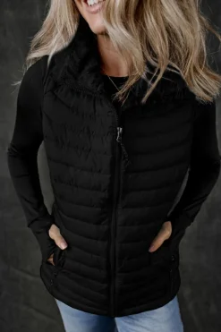 Best Dear-Lover Plush Collared Quilted Zipped Puffer Vest Black
