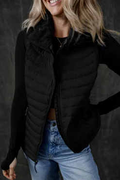 Best Dear-Lover Plush Collared Quilted Zipped Puffer Vest Black
