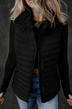 Best Dear-Lover Plush Collared Quilted Zipped Puffer Vest Black