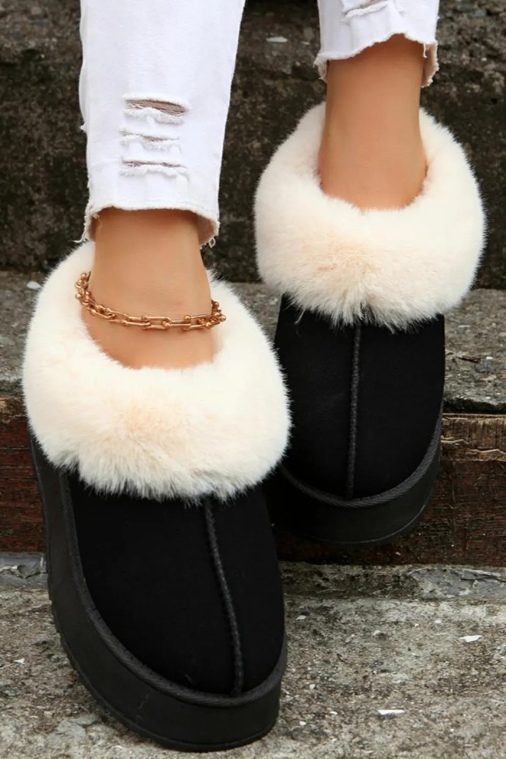 Online Dear-Lover Plush Suede Trim Thick Sole Flat Snow Boots Black