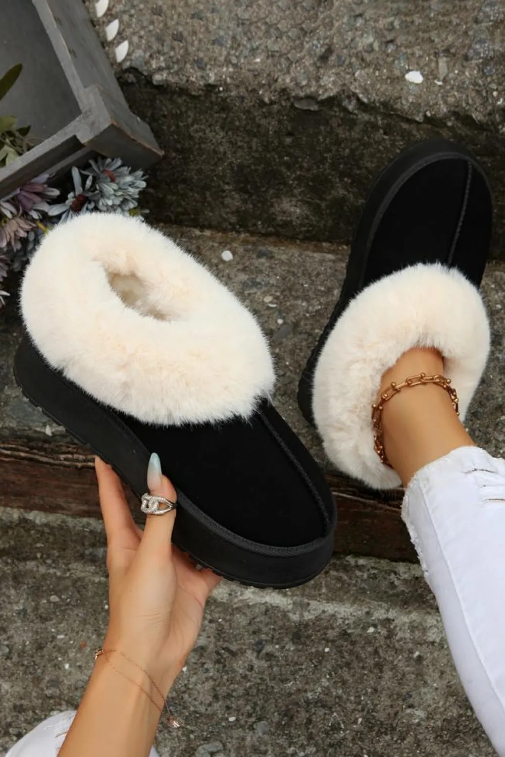 Online Dear-Lover Plush Suede Trim Thick Sole Flat Snow Boots Black
