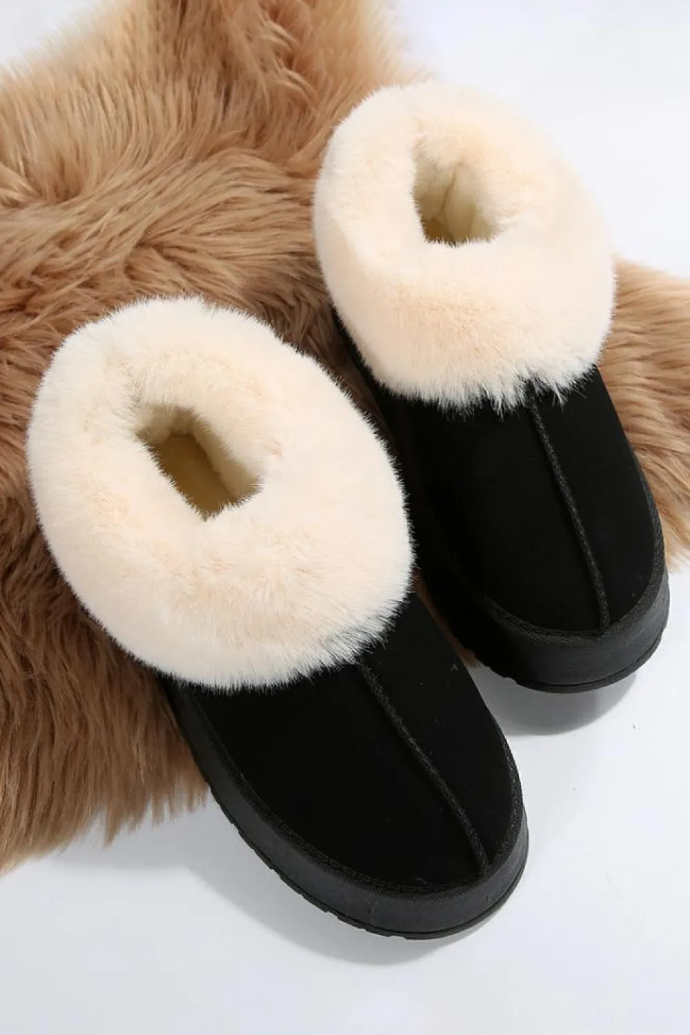 Online Dear-Lover Plush Suede Trim Thick Sole Flat Snow Boots Black