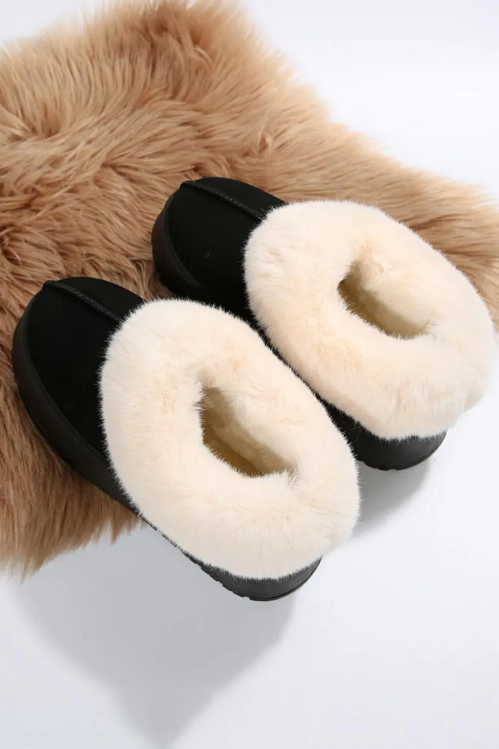 Online Dear-Lover Plush Suede Trim Thick Sole Flat Snow Boots Black