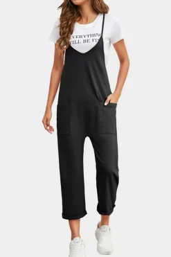 Discount Dear-Lover Pocketed Adjustable Spaghetti Strap Straight Leg Jumpsuit Black