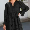 Outlet Dear-Lover Pointelle Drawstring Notch V Neck Loose Fit Mini Dress Black