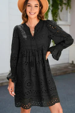 Outlet Dear-Lover Pointelle Drawstring Notch V Neck Loose Fit Mini Dress Black