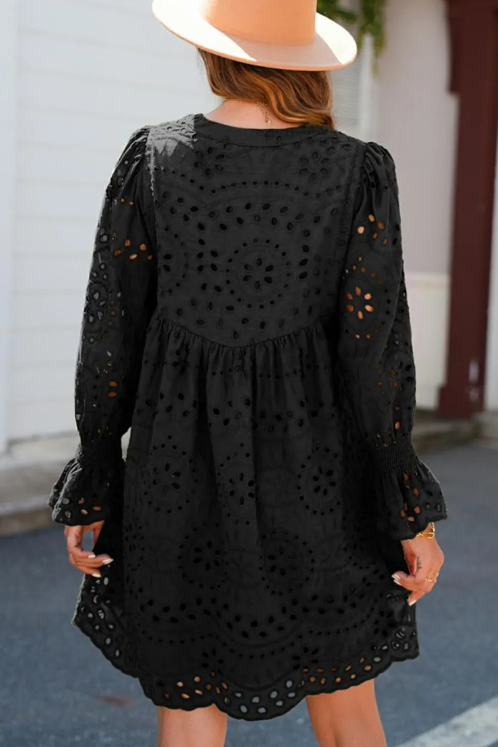 Outlet Dear-Lover Pointelle Drawstring Notch V Neck Loose Fit Mini Dress Black
