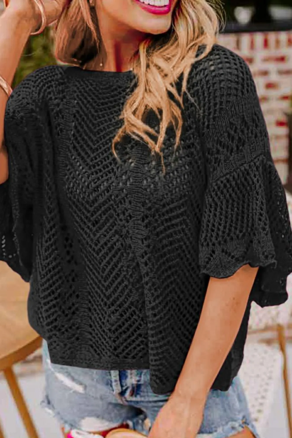 New Dear-Lover Pointelle Knit Scallop Edge Short Sleeve Top Black