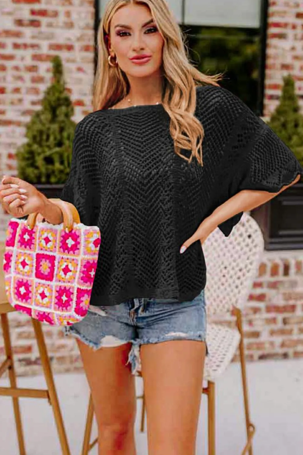 New Dear-Lover Pointelle Knit Scallop Edge Short Sleeve Top Black