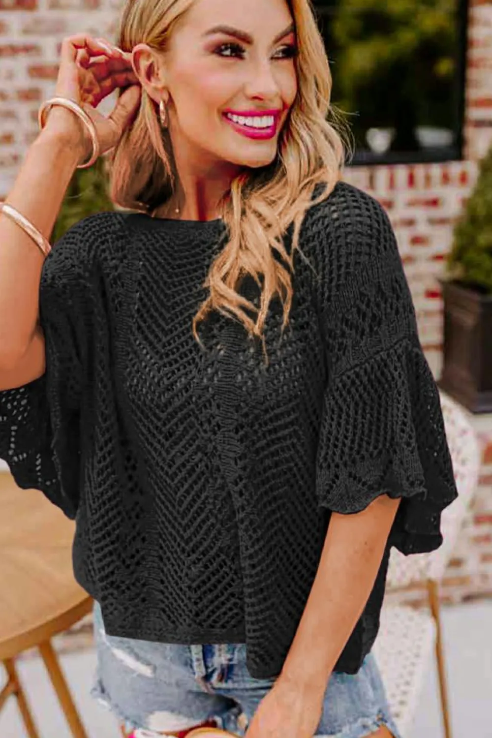 New Dear-Lover Pointelle Knit Scallop Edge Short Sleeve Top Black