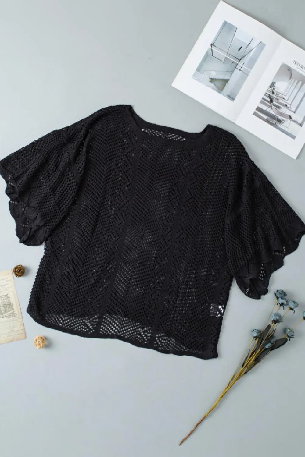 New Dear-Lover Pointelle Knit Scallop Edge Short Sleeve Top Black