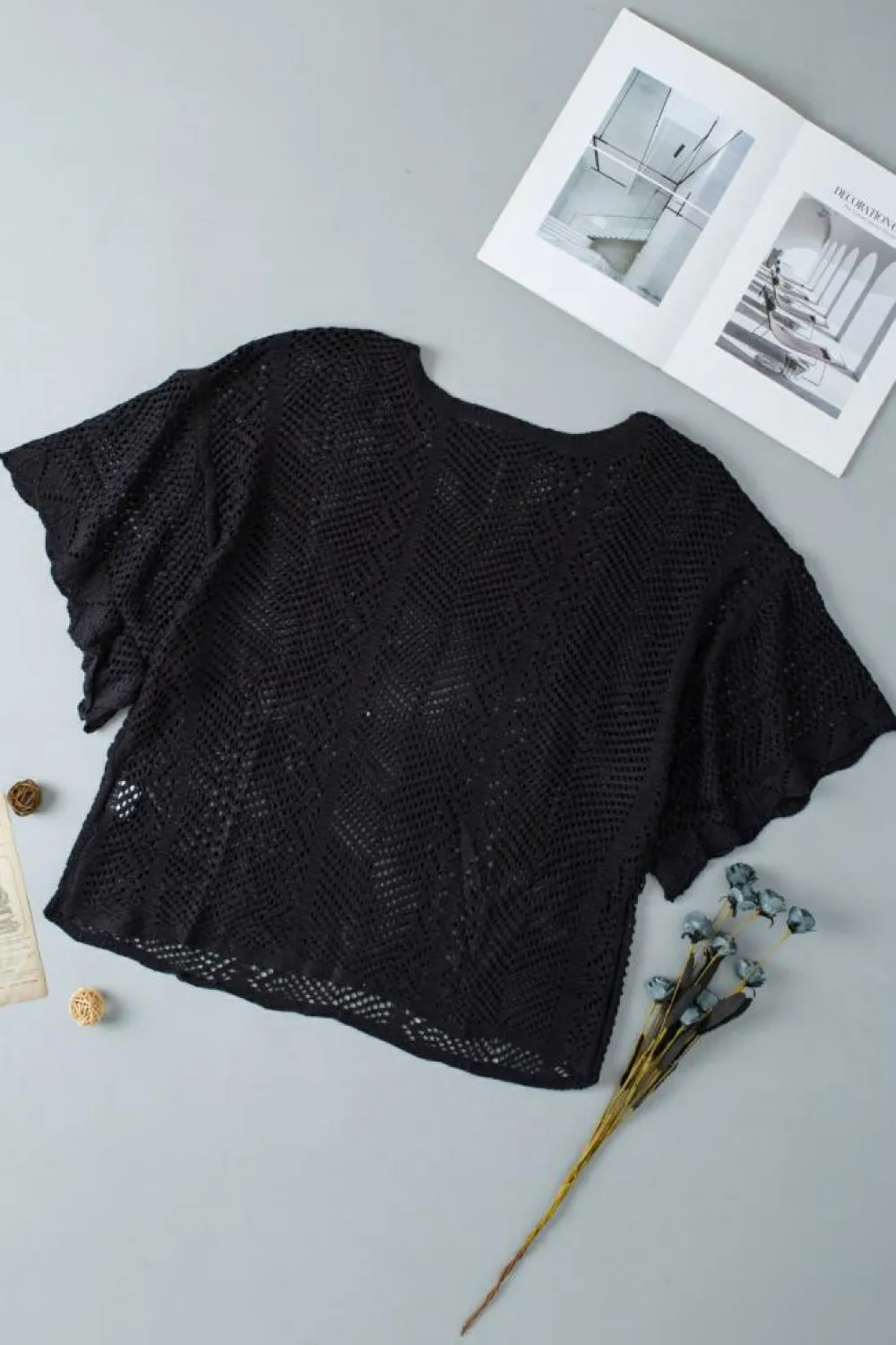 New Dear-Lover Pointelle Knit Scallop Edge Short Sleeve Top Black