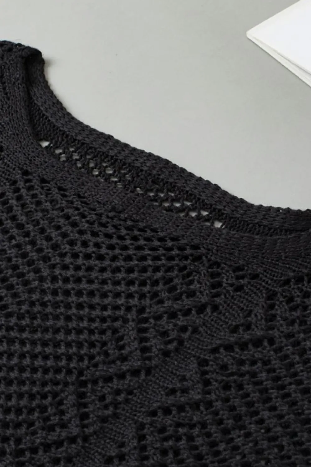 New Dear-Lover Pointelle Knit Scallop Edge Short Sleeve Top Black