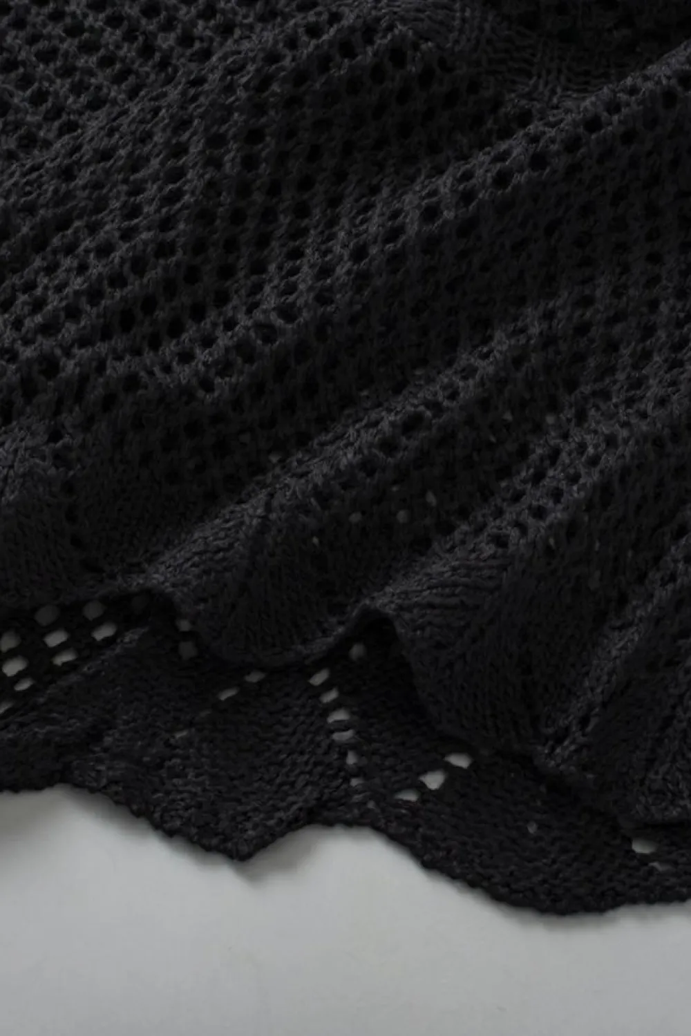 New Dear-Lover Pointelle Knit Scallop Edge Short Sleeve Top Black