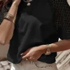 Clearance Dear-Lover Pointelle Lace Half Sleeve Crew Neck Tee Black