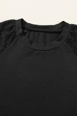 Clearance Dear-Lover Pointelle Lace Half Sleeve Crew Neck Tee Black