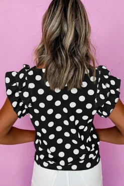 New Dear-Lover Polka Dot Print Ruffled Sleeve V Neck Blouse Black
