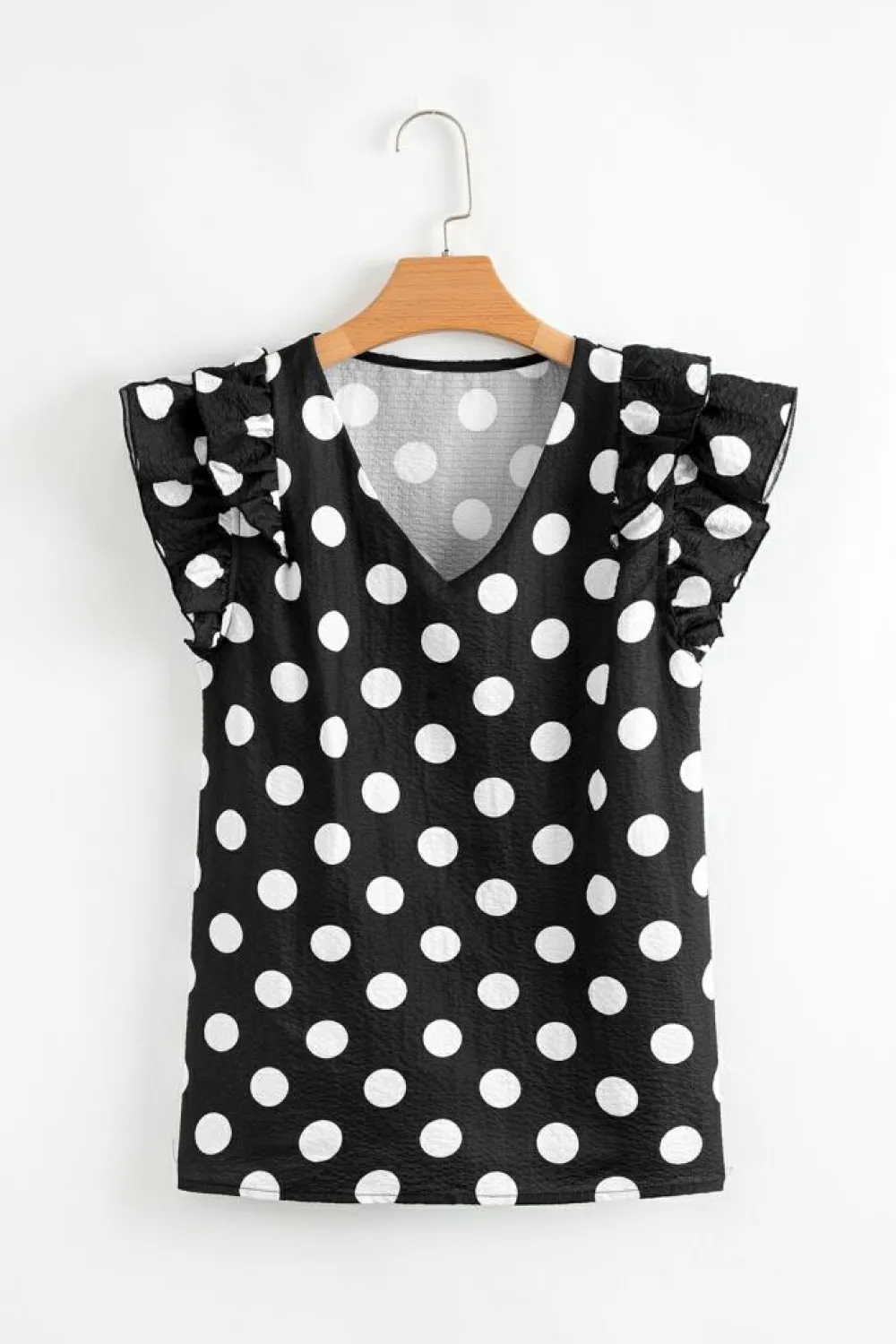 New Dear-Lover Polka Dot Print Ruffled Sleeve V Neck Blouse Black