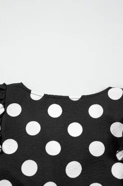New Dear-Lover Polka Dot Print Ruffled Sleeve V Neck Blouse Black