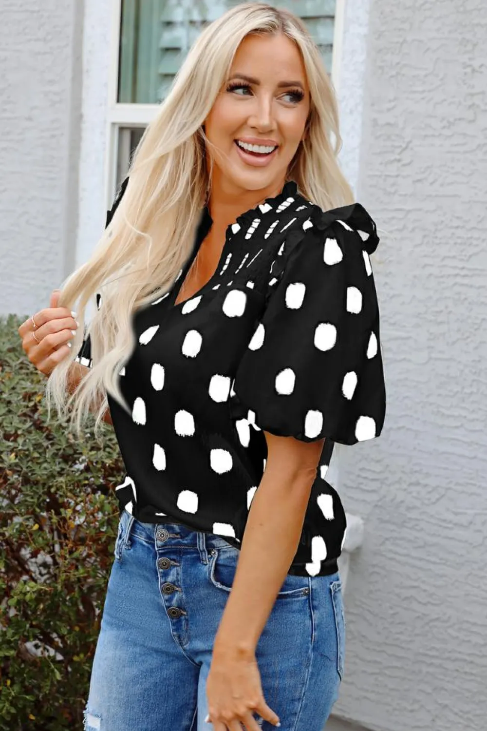 Fashion Dear-Lover Polka Dot Print Shirred Yoke Notched Neck Balloon Sleeve Blouse Black