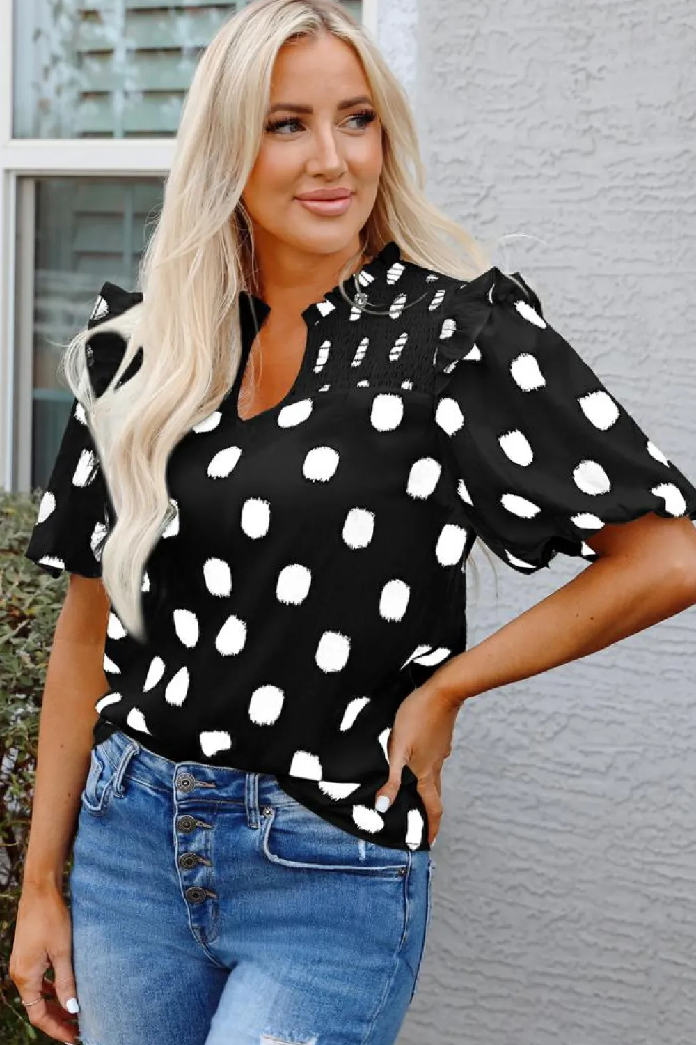 Fashion Dear-Lover Polka Dot Print Shirred Yoke Notched Neck Balloon Sleeve Blouse Black