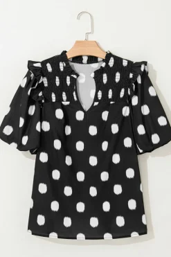 Fashion Dear-Lover Polka Dot Print Shirred Yoke Notched Neck Balloon Sleeve Blouse Black
