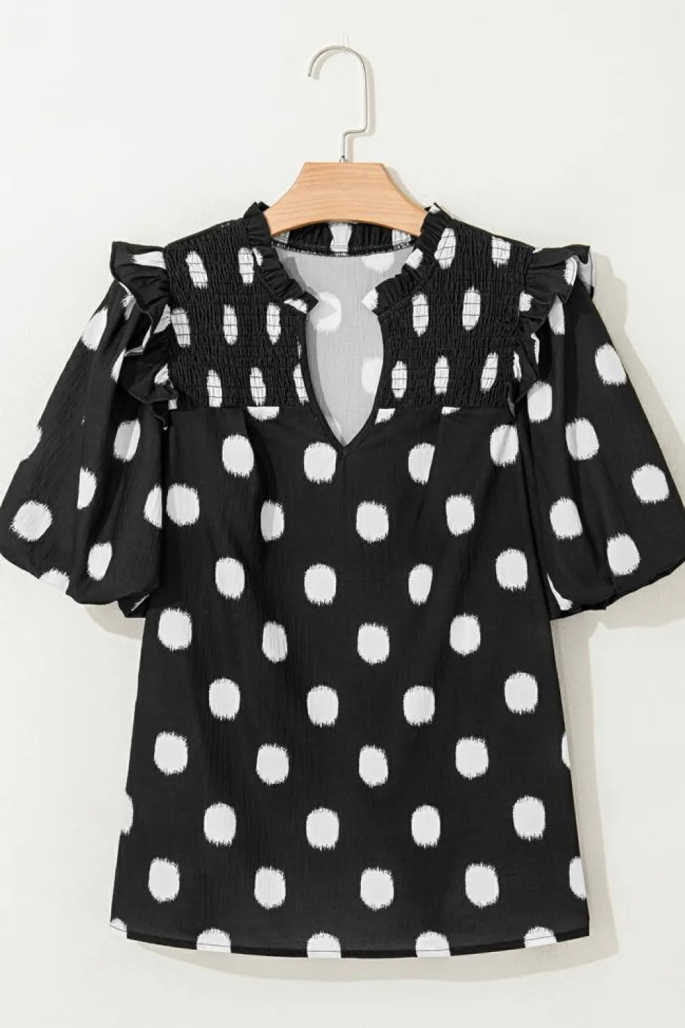 Fashion Dear-Lover Polka Dot Print Shirred Yoke Notched Neck Balloon Sleeve Blouse Black