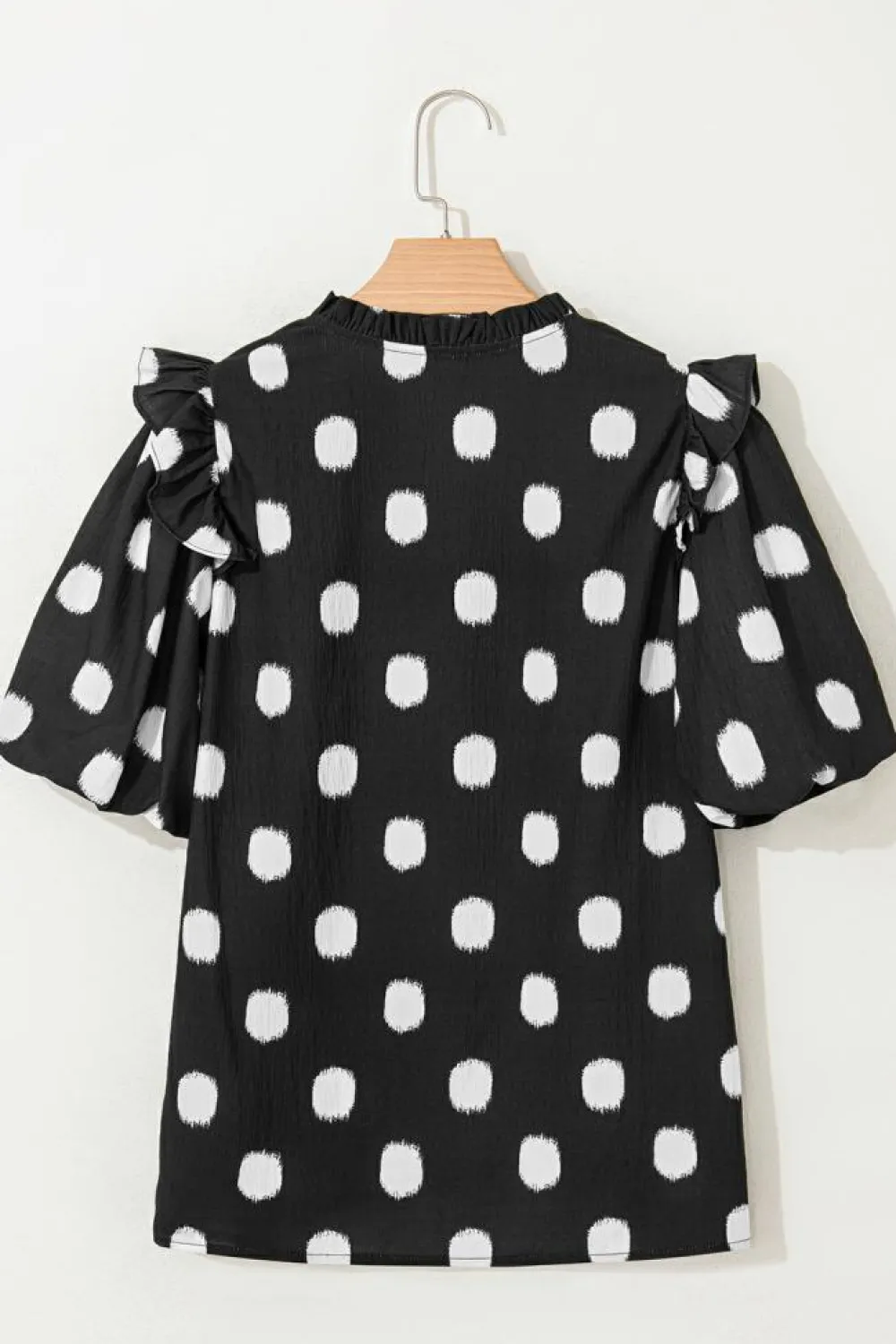 Fashion Dear-Lover Polka Dot Print Shirred Yoke Notched Neck Balloon Sleeve Blouse Black
