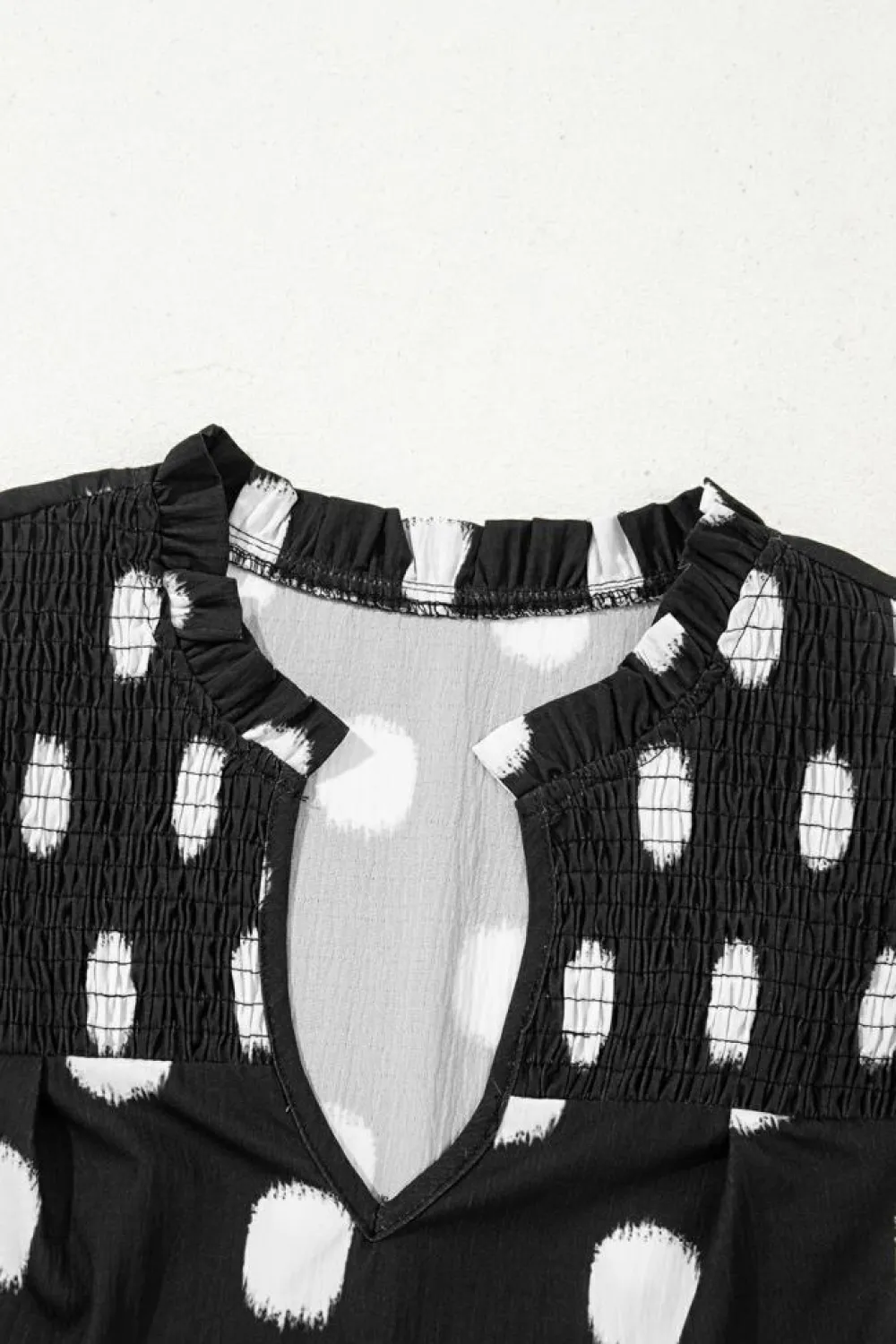 Fashion Dear-Lover Polka Dot Print Shirred Yoke Notched Neck Balloon Sleeve Blouse Black