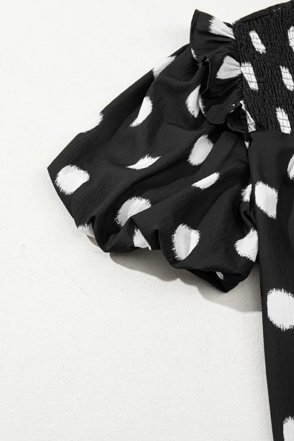 Fashion Dear-Lover Polka Dot Print Shirred Yoke Notched Neck Balloon Sleeve Blouse Black