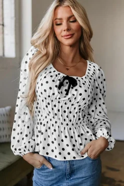 New Dear-Lover Polka Dot Puff Sleeve Bow Square Neck Peplum Top Black