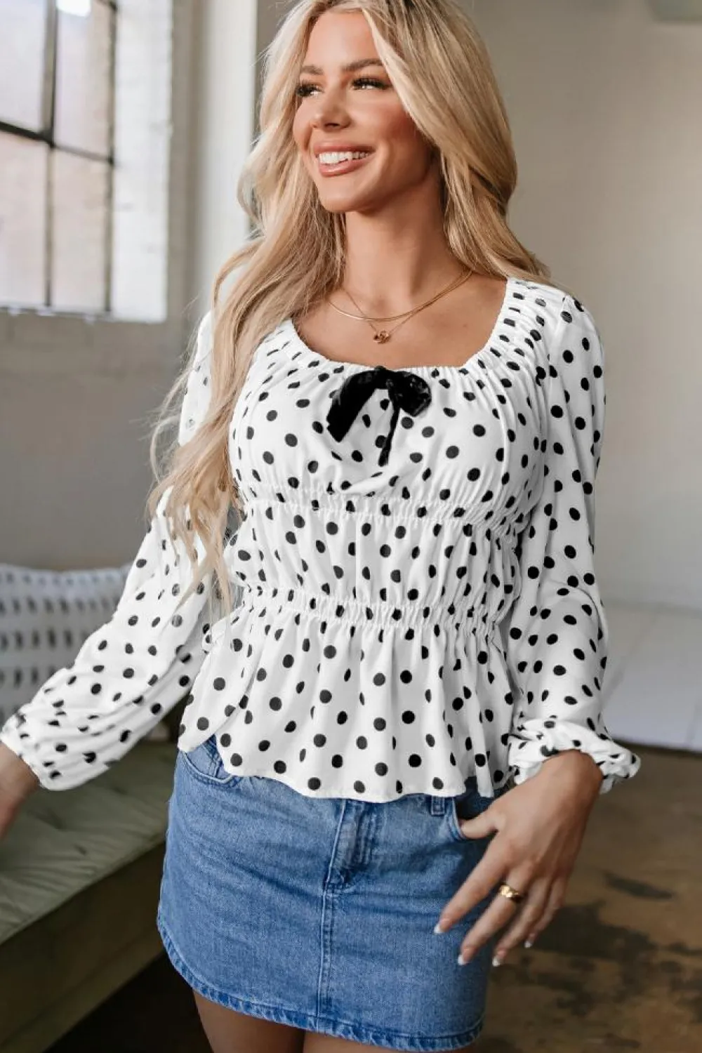 New Dear-Lover Polka Dot Puff Sleeve Bow Square Neck Peplum Top Black