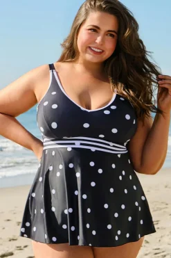 Discount Dear-Lover Polka Dot Trim V Neck Plus Size Swim Dress Black