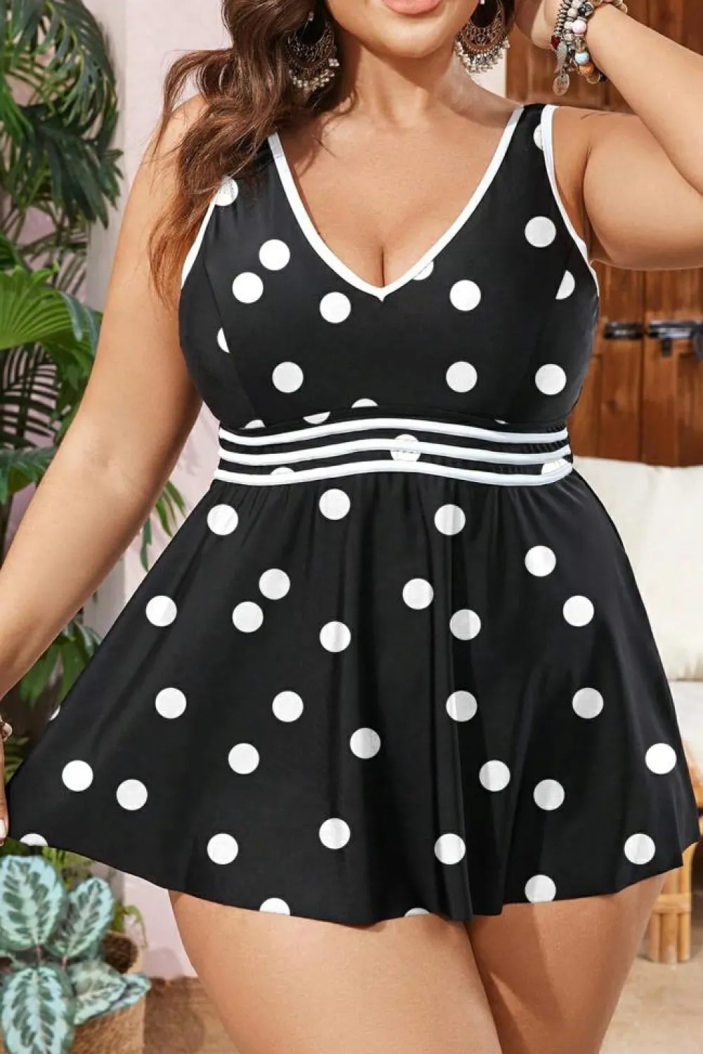 Discount Dear-Lover Polka Dot Trim V Neck Plus Size Swim Dress Black