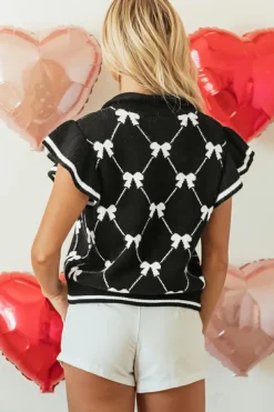 Fashion Dear-Lover Preppy Vibes Bow Print Zipped Collar Sweater Tee Black