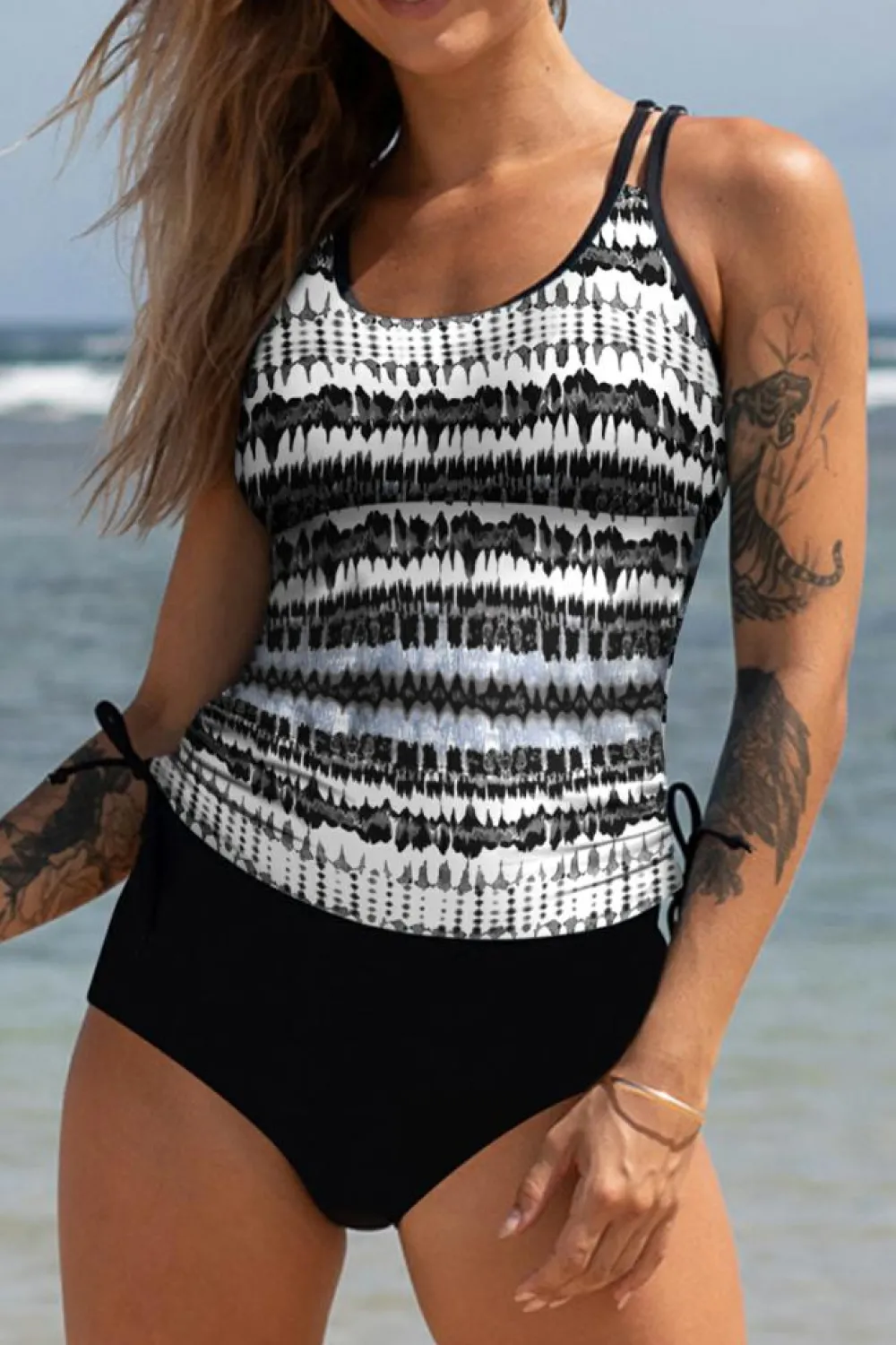 Outlet Dear-Lover Double Straps Printed Tankini Top with Shorts 2pcs Swimsuit Black Printed