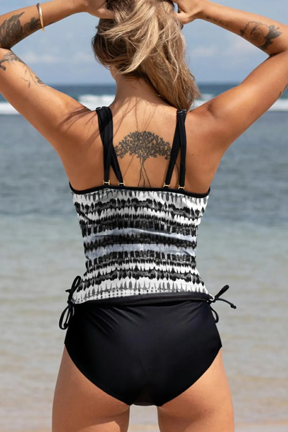 Outlet Dear-Lover Double Straps Printed Tankini Top with Shorts 2pcs Swimsuit Black Printed
