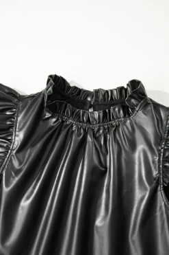 New Dear-Lover PU Leather Frilly Ruffle Trim Blouse Black