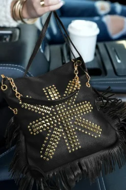 New Dear-Lover PU Leather Rivet Fringed Large One Shoulder Bag Black