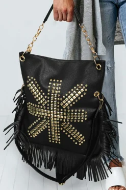 New Dear-Lover PU Leather Rivet Fringed Large One Shoulder Bag Black