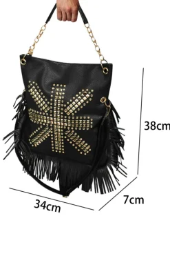 New Dear-Lover PU Leather Rivet Fringed Large One Shoulder Bag Black