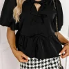 Sale Dear-Lover Puff Sleeve Bowknot Front Peplum Blouse Black