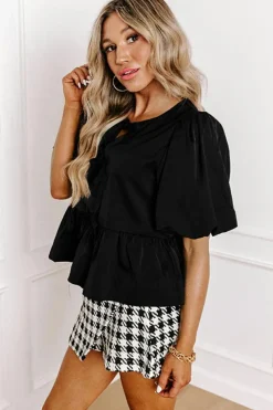 Sale Dear-Lover Puff Sleeve Bowknot Front Peplum Blouse Black