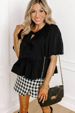 Sale Dear-Lover Puff Sleeve Bowknot Front Peplum Blouse Black