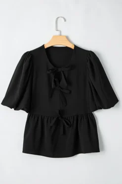 Sale Dear-Lover Puff Sleeve Bowknot Front Peplum Blouse Black