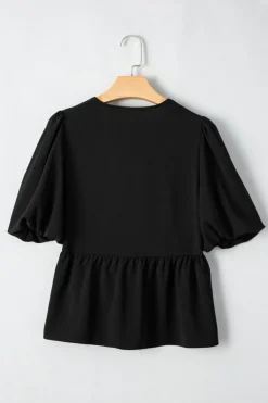 Sale Dear-Lover Puff Sleeve Bowknot Front Peplum Blouse Black